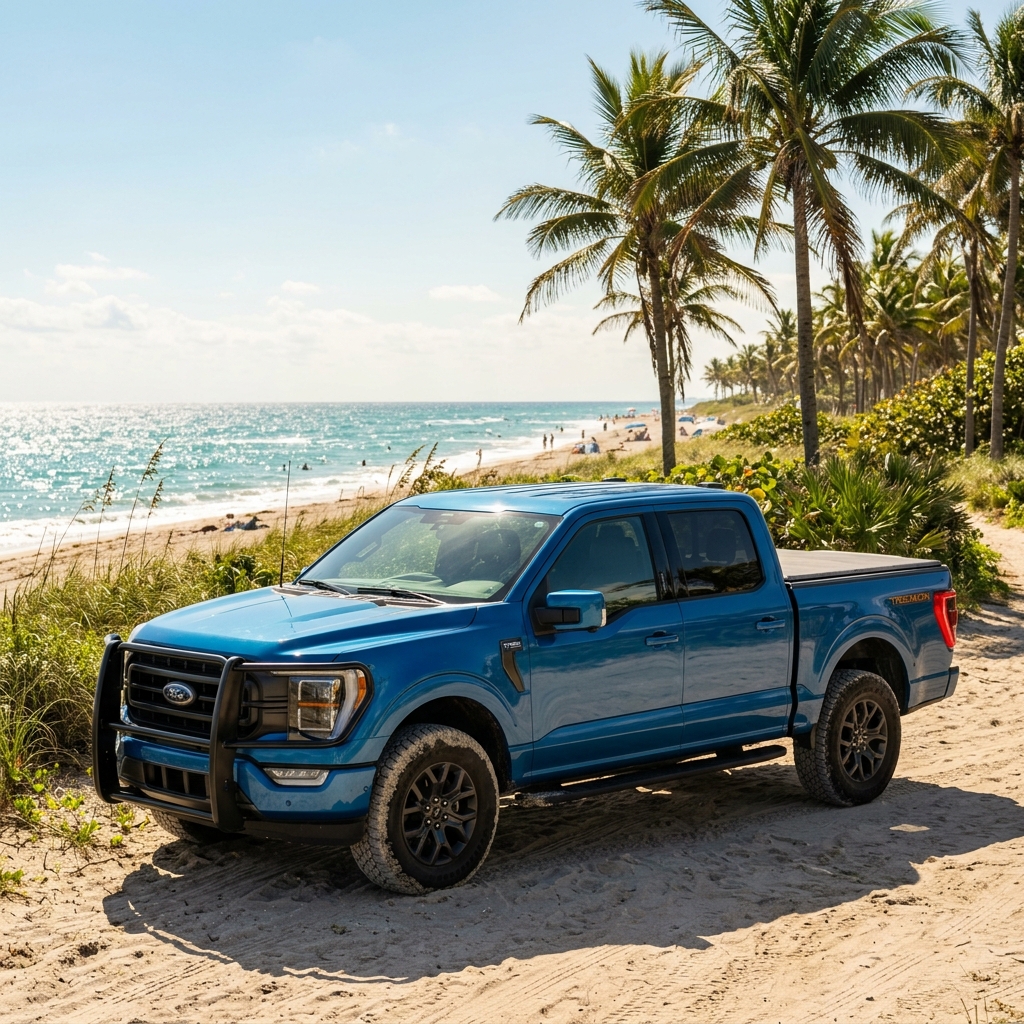 Rugged blue Ford F-150 Tremor pickup truck parked on a sunny Florida beach with palm trees