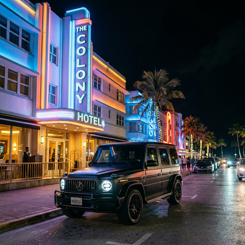 Sleek matte black Mercedes-Benz AMG G-Class G-Wagon parked under neon lights of Art Deco hotel in South Beach